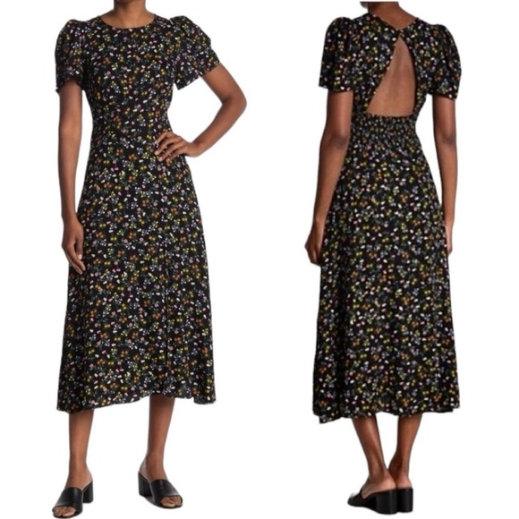 AFRM Black Floral Jamie Midi Dress Open Back Puff Sleeve - Picture 1 of 15